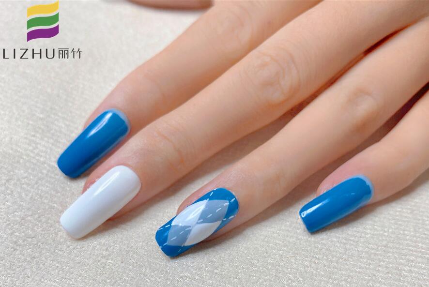 藍色格紋美甲，廣西美甲教學作品