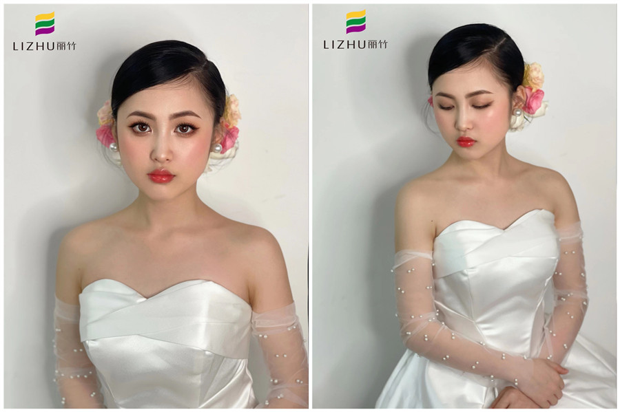 簡約鮮花新娘妝容，廣西化妝學(xué)校新娘妝作品