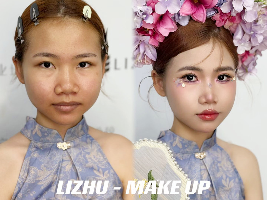 簪花造型課堂實(shí)況，廣西美妝課堂作品欣賞