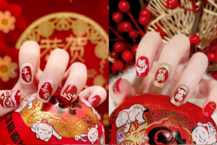 紅色喜慶卡通美甲，廣西美甲師學校整理