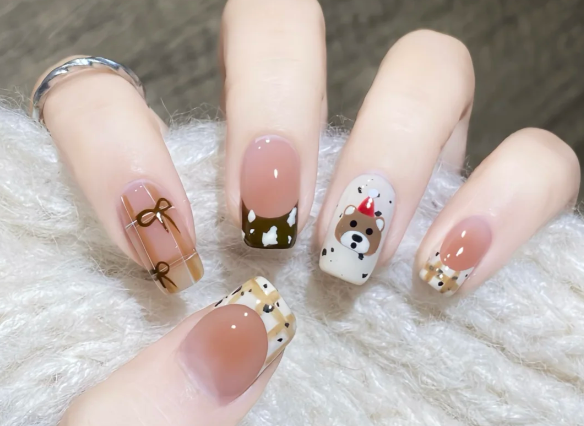 格紋手繪小熊美甲教程，南寧美甲教學(xué)分享