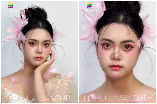 粉色羽毛寫真作品，廣西學(xué)化妝操作